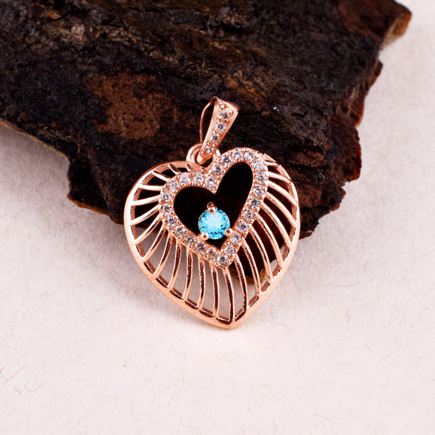 Blue Topaz Gemstone & Diamond Solid 14k Rose Gold Heart Pendant