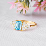 Blue Topaz Gemstone & Diamond Solid 14k Yellow Gold Ring