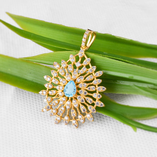 Blue Topaz Gemstone Solid 14k Yellow Gold Pendant