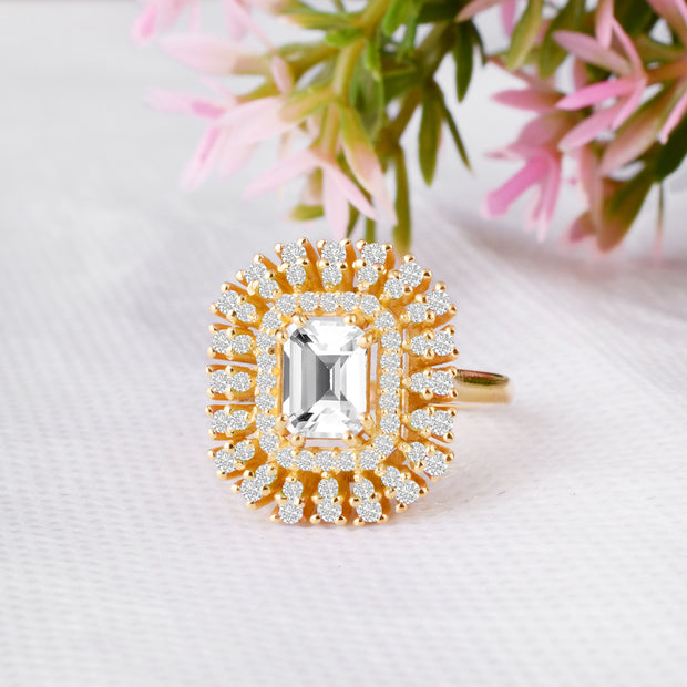 White Topaz Gemstone & Diamond Solid 14k Yellow Gold Ring