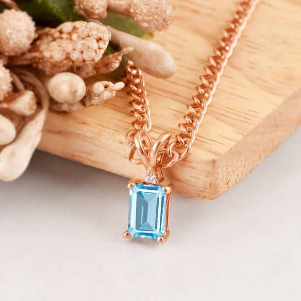 Blue Topaz Gemstone & Diamond Solid 14k Rose Gold Pendant
