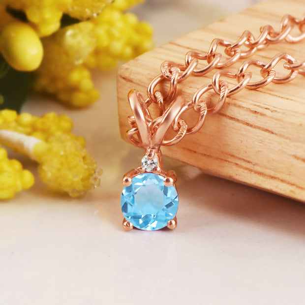 Blue Topaz Gemstone & Diamond Solid 14k Rose Gold Pendant