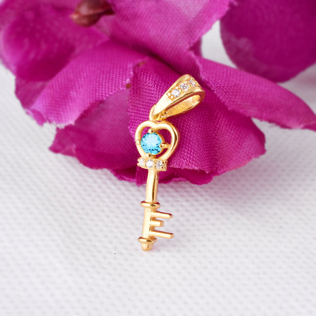 Blue Topaz Gemstone & Diamond Solid 14k Yellow Gold Key Pendant