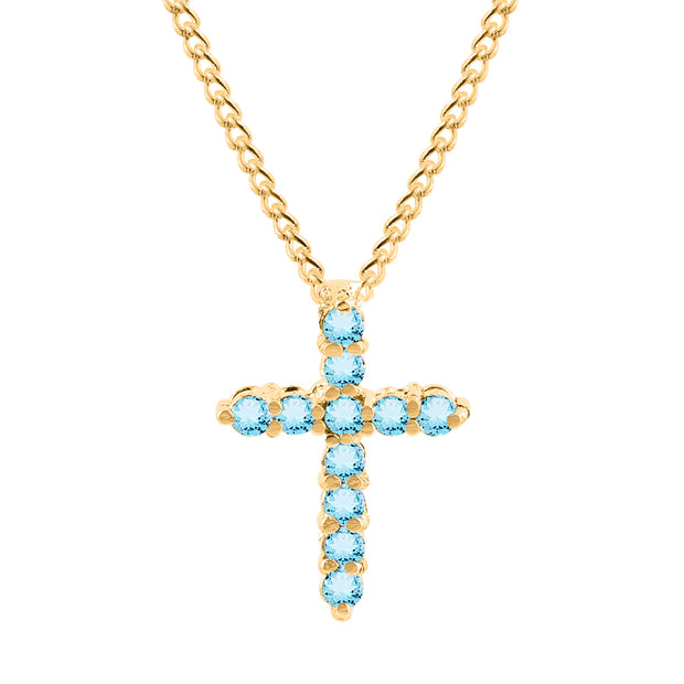 Blue Topaz Gemstone Solid 14k Yellow Gold Cross Pendant