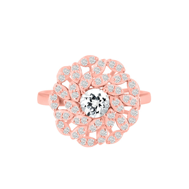 White Topaz Gemstone & Diamond Solid 14k Rose Gold Ring
