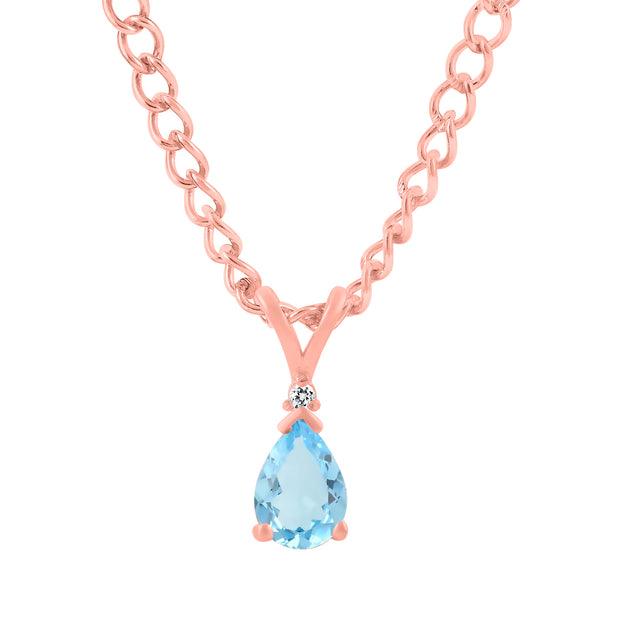 Blue Topaz Gemstone & Diamond Solid 14k Rose Gold Pendant
