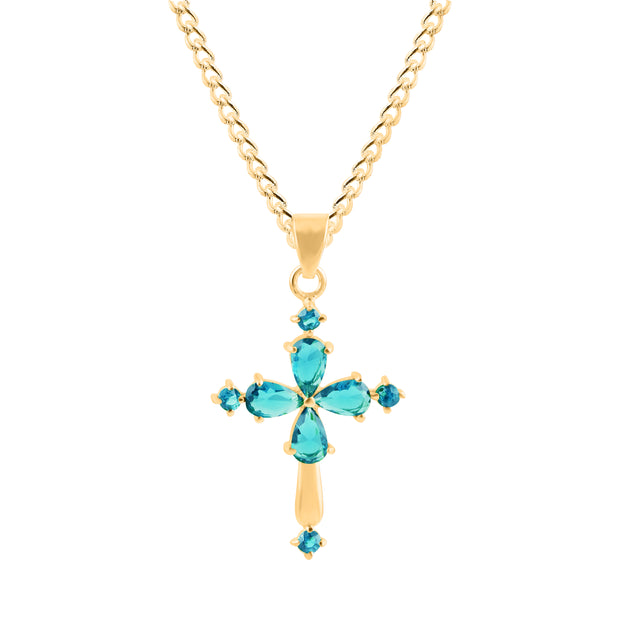 Blue Topaz Gemstone Solid 14k Yellow Gold Cross Pendant