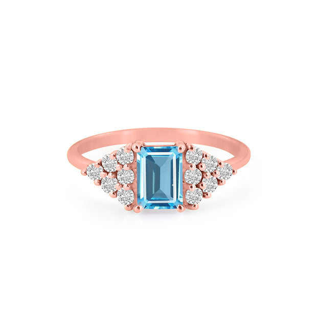 Blue Topaz Gemstone & Diamond Solid 14k Rose Gold Ring