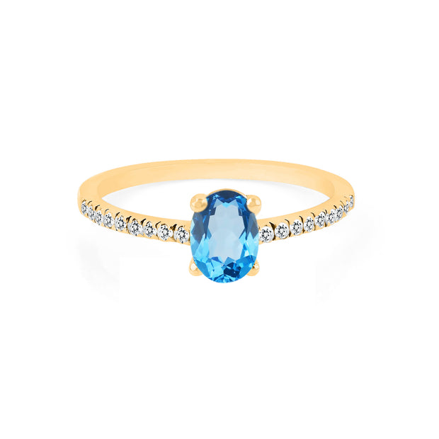 Blue Topaz Gemstone & Diamond Solid 14k Yellow Gold Ring