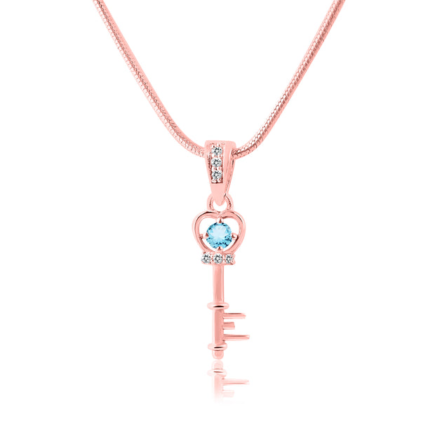 Blue Topaz Gemstone & Diamond Solid 14k Rose Gold Key Pendant