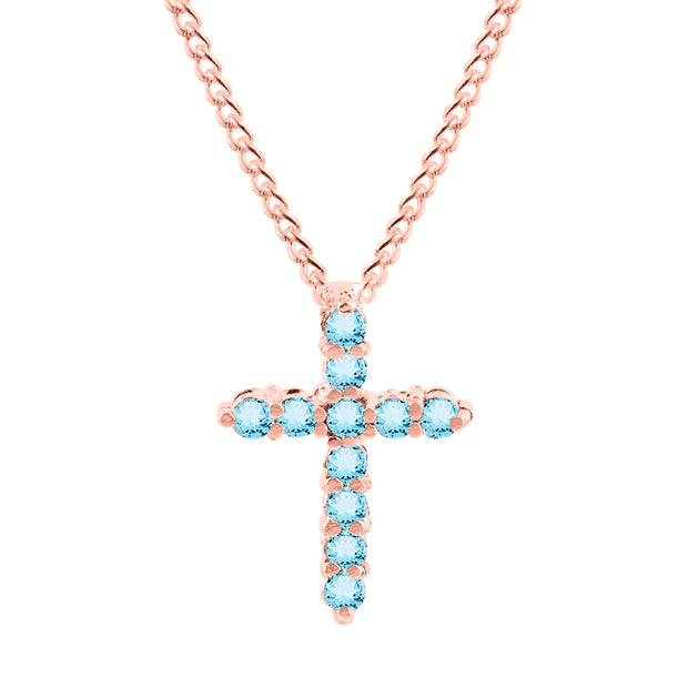 Blue Topaz Gemstone Solid 14k Rose Gold Cross Pendant