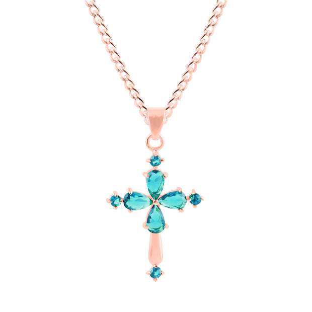 Blue Topaz Gemstone Solid 14k Rose Gold Cross Pendant