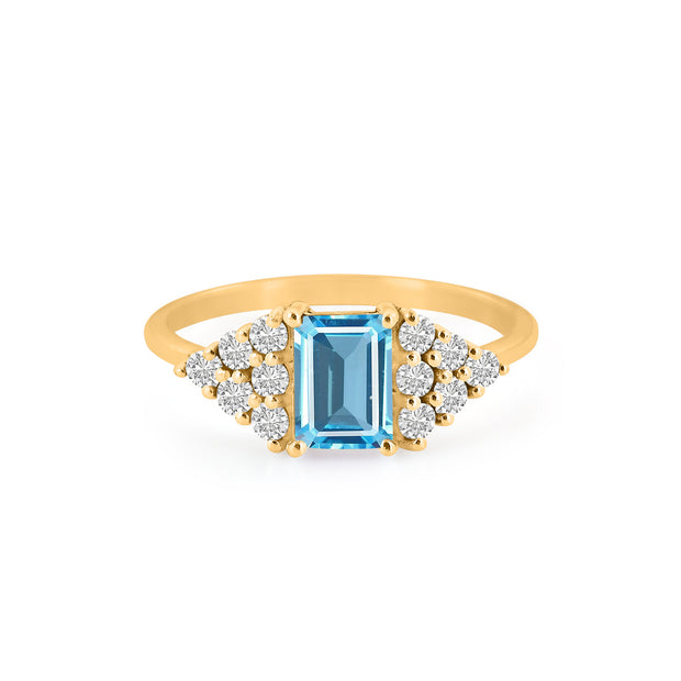 Blue Topaz Gemstone & Diamond Solid 14k Yellow Gold Ring