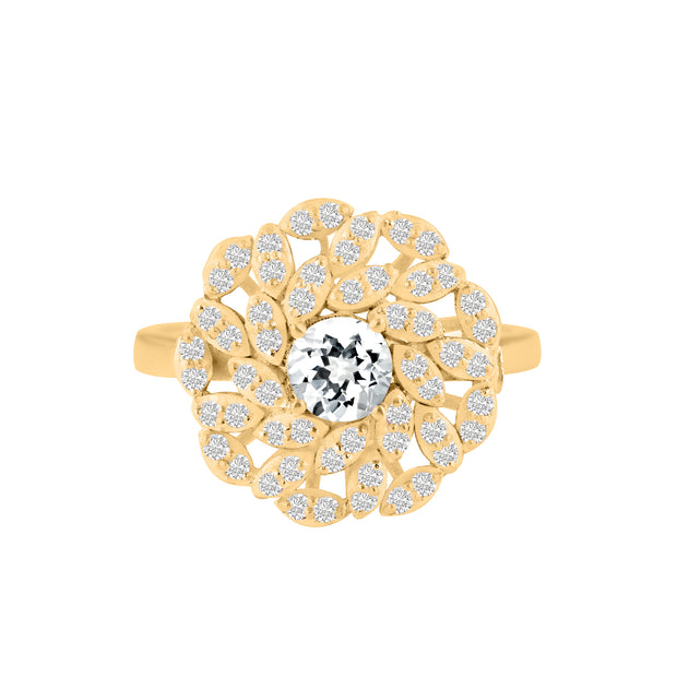 White Topaz Gemstone & Diamond Solid 14k Yellow Gold Ring