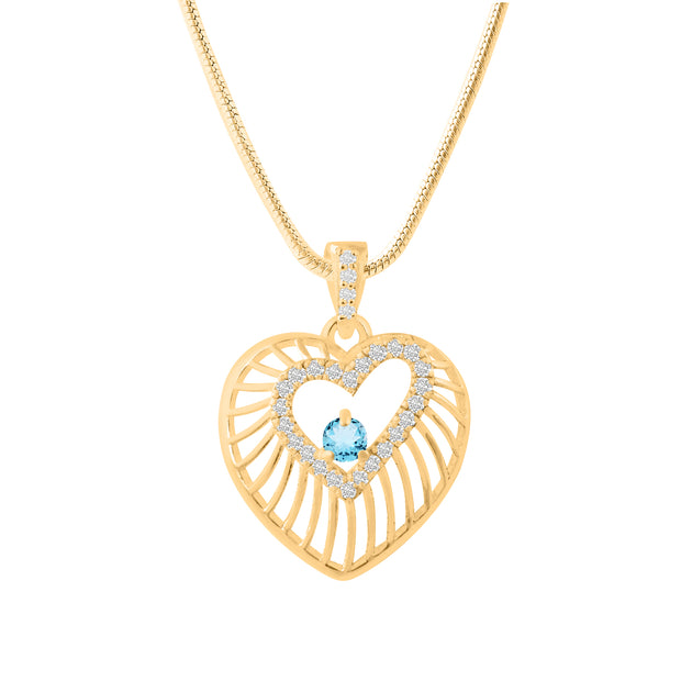 Blue Topaz Gemstone & Diamond Solid 14k Yellow Gold Heart Pendant