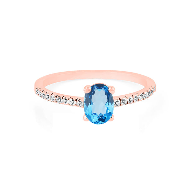 Blue Topaz Gemstone & Diamond Solid 14k Rose Gold Ring