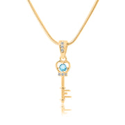 Blue Topaz Gemstone & Diamond Solid 14k Yellow Gold Key Pendant