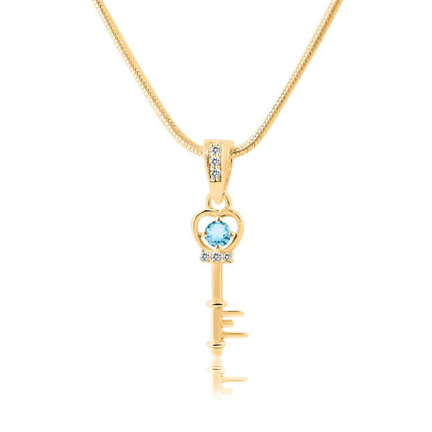Blue Topaz Gemstone & Diamond Solid 14k Yellow Gold Key Pendant