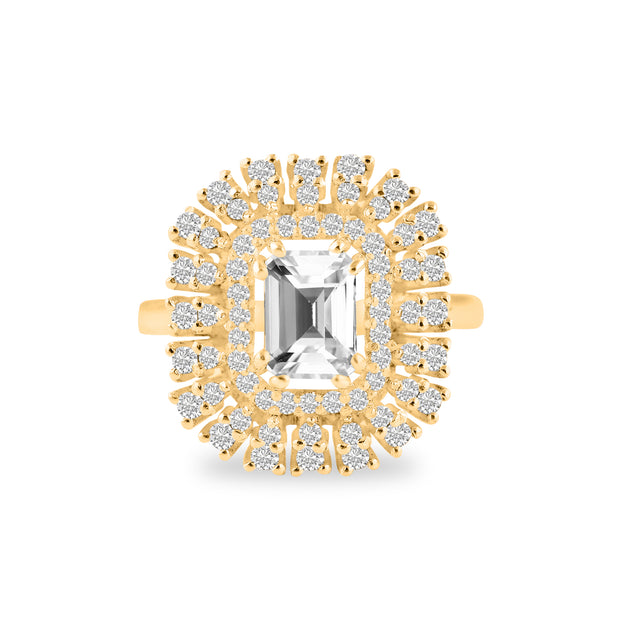 White Topaz Gemstone & Diamond Solid 14k Yellow Gold Ring