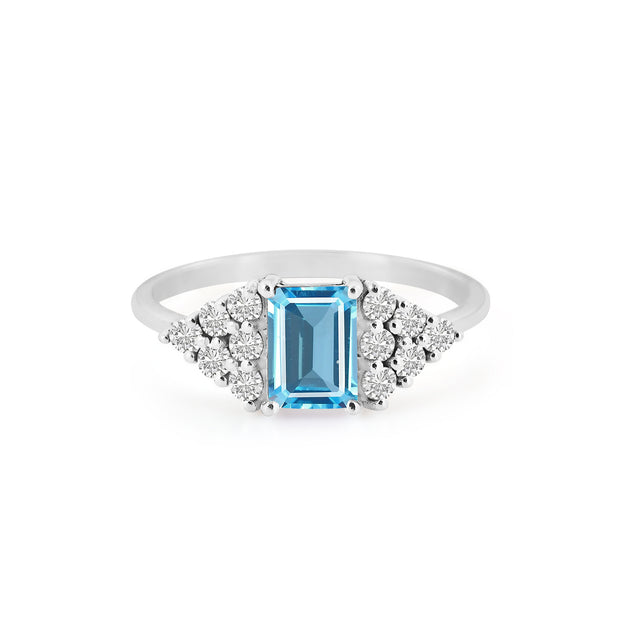 Blue Topaz Gemstone & Diamond Solid 14k White Gold Ring