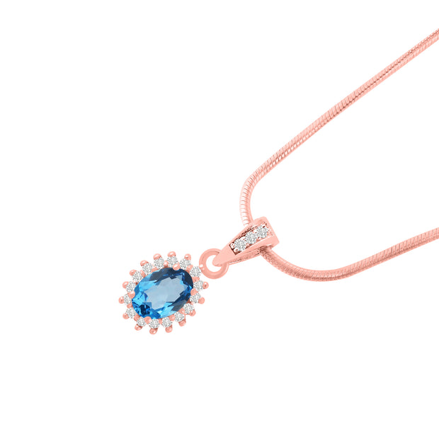 Blue Topaz Gemstone & Diamond Solid 14k Rose Gold Pendant