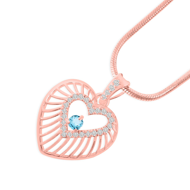 Blue Topaz Gemstone & Diamond Solid 14k Rose Gold Heart Pendant