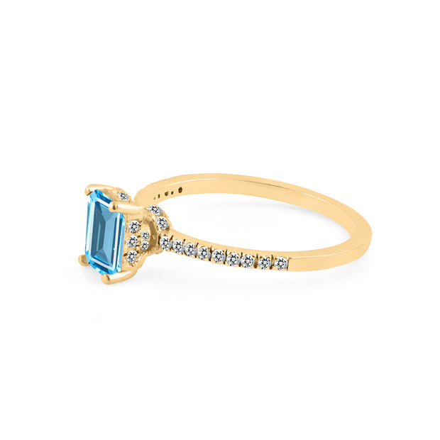 Blue Topaz & Diamond Gemstone Solid 14k Yellow Gold Ring