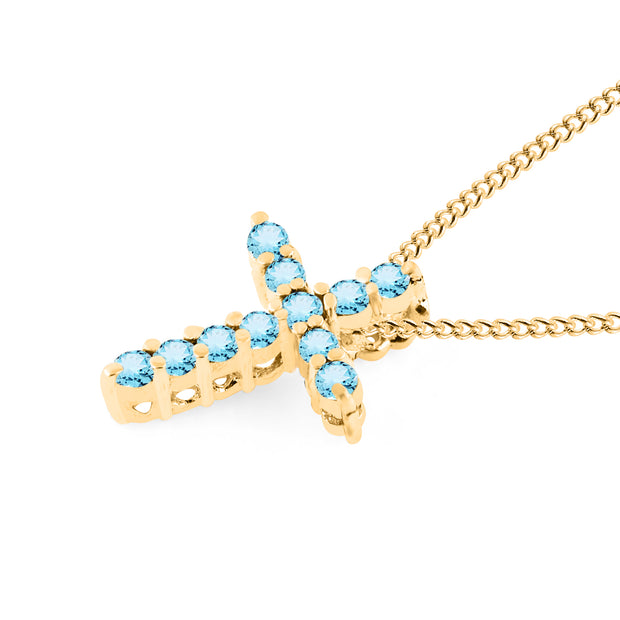 Blue Topaz Gemstone Solid 14k Yellow Gold Cross Pendant