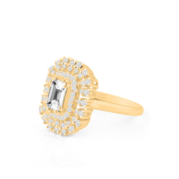 White Topaz Gemstone & Diamond Solid 14k Yellow Gold Ring