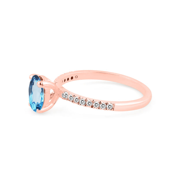 Blue Topaz Gemstone & Diamond Solid 14k Rose Gold Ring