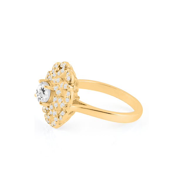 White Topaz Gemstone & Diamond Solid 14k Yellow Gold Ring