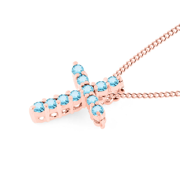 Blue Topaz Gemstone Solid 14k Rose Gold Cross Pendant