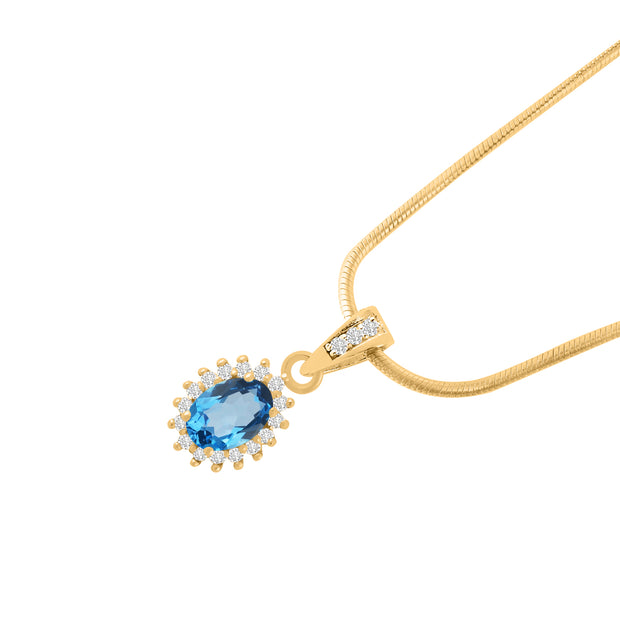 Blue Topaz Gemstone & Diamond Solid 14k Yellow Gold Pendant