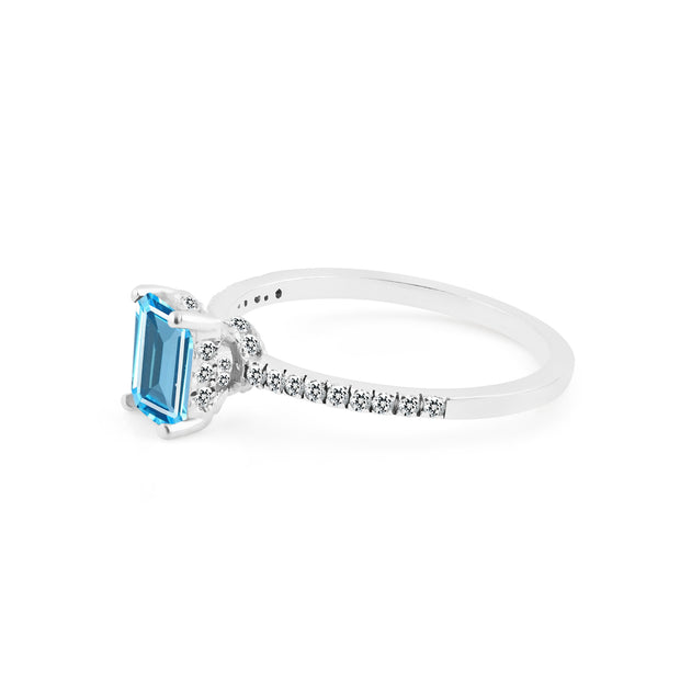 Blue Topaz & Diamond Gemstone Solid 14k White Gold Ring