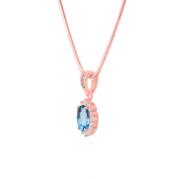 Blue Topaz Gemstone & Diamond Solid 14k Rose Gold Pendant