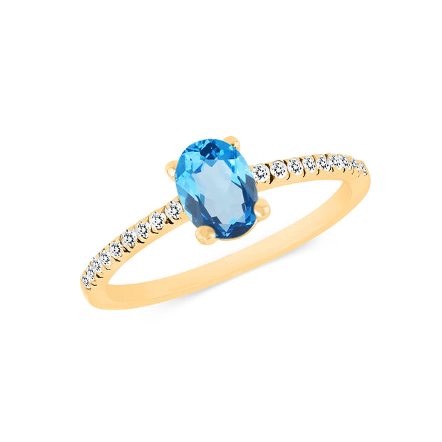 Blue Topaz Gemstone & Diamond Solid 14k Yellow Gold Ring