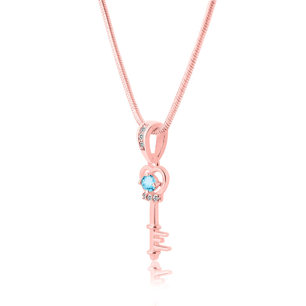 Blue Topaz Gemstone & Diamond Solid 14k Rose Gold Key Pendant