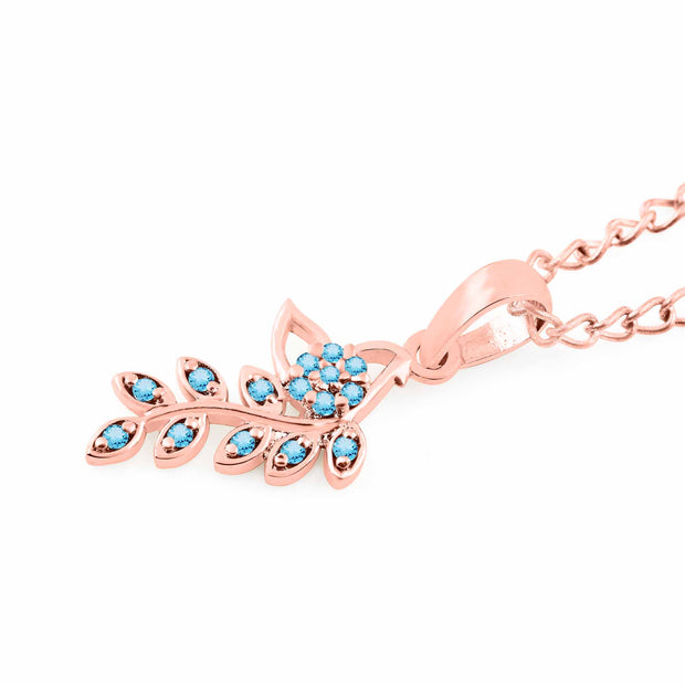 Blue Topaz Gemstone Solid 14k Rose Gold Leaf Pendant