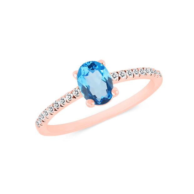 Blue Topaz Gemstone & Diamond Solid 14k Rose Gold Ring