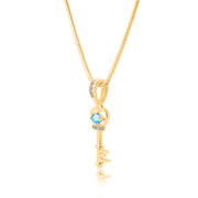 Blue Topaz Gemstone & Diamond Solid 14k Yellow Gold Key Pendant
