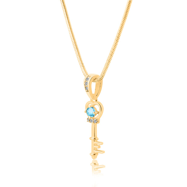 Blue Topaz Gemstone & Diamond Solid 14k Yellow Gold Key Pendant