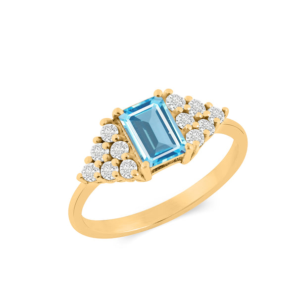 Blue Topaz Gemstone & Diamond Solid 14k Yellow Gold Ring
