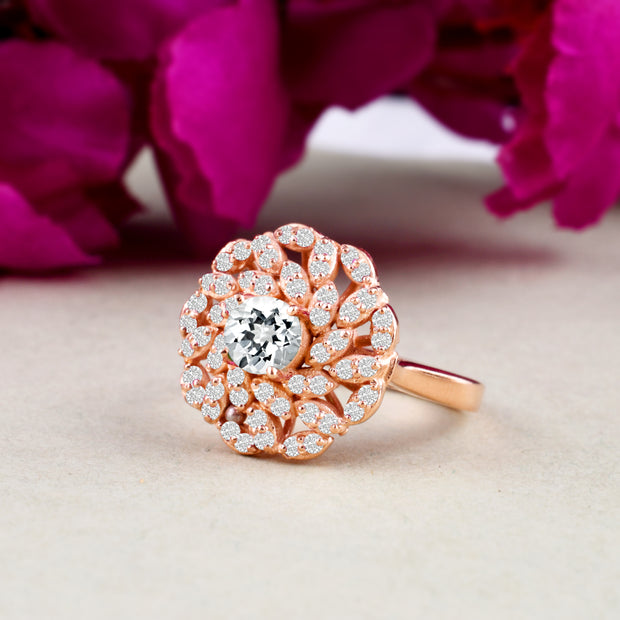 Blue Topaz Gemstone & Diamond Solid 14k Rose Gold Ring