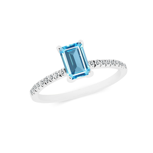 Blue Topaz & Diamond Gemstone Solid 14k White Gold Ring